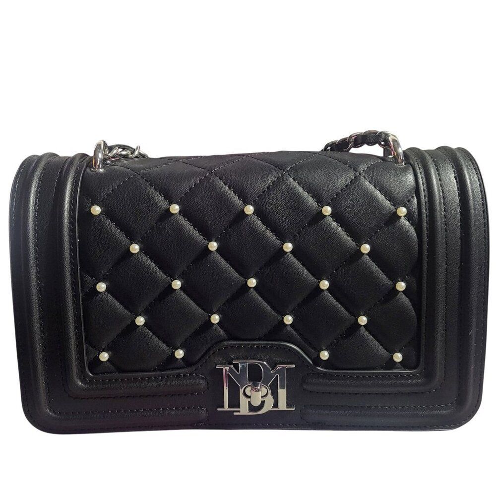 NEW Badgley Mischka Black Quilted Vegan Leather Pearl Crossbody Bag - Picture 2 of 8